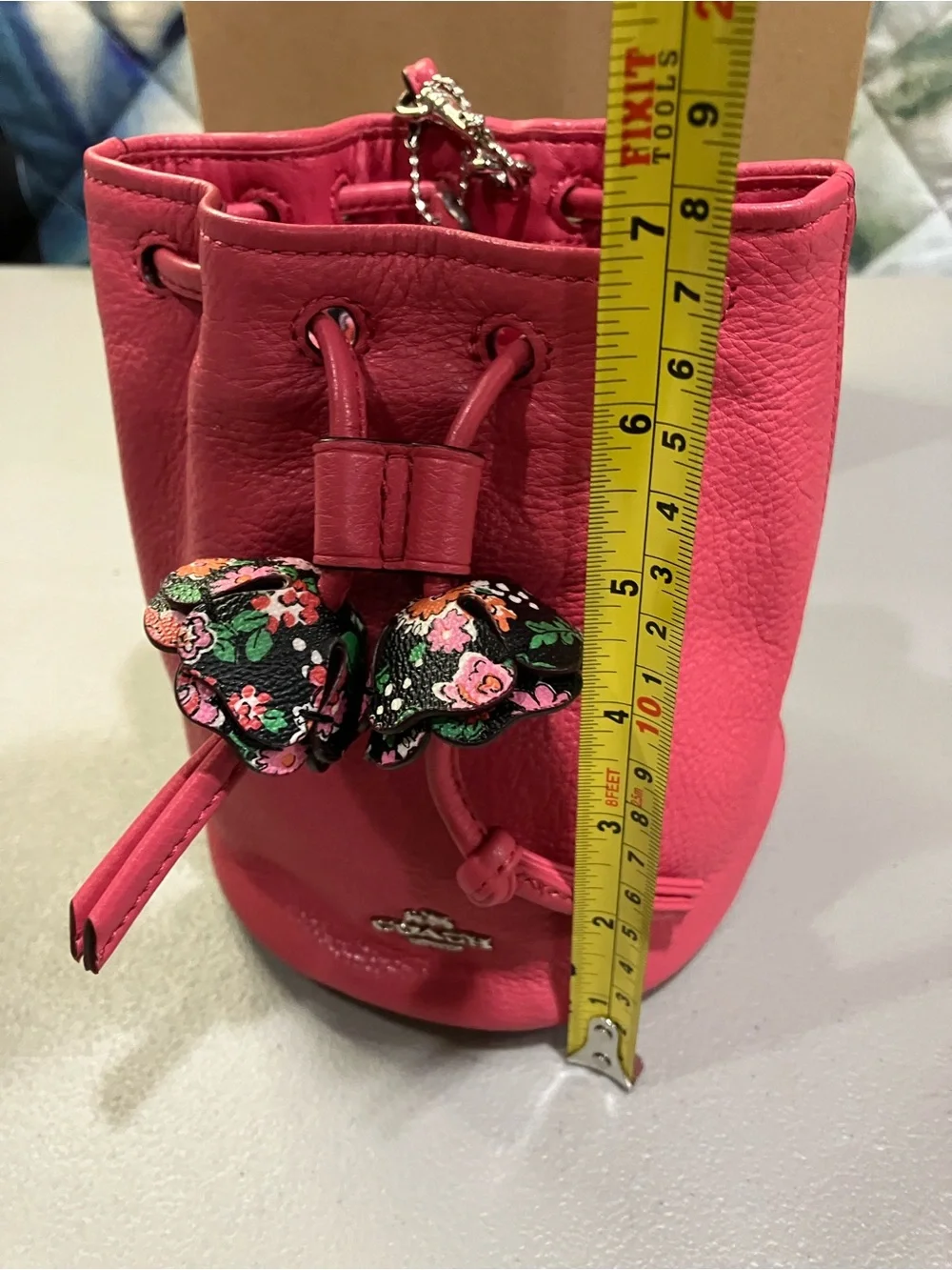 EUC COACH Yankee Pink Floral Drawstring Mini Bucket Wristlet Pouch #F56581